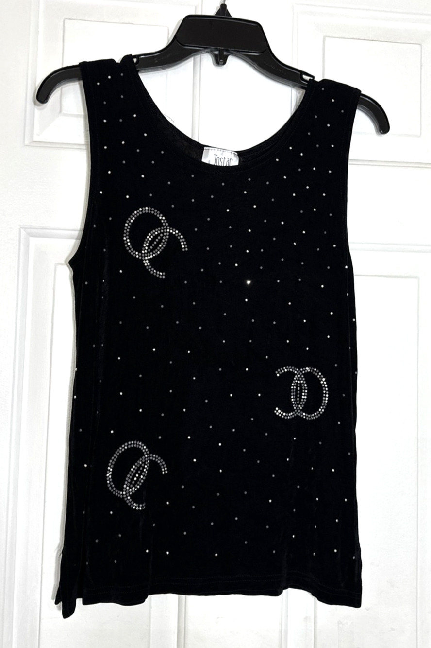 Jostar Women’s Slinky Knit Sleeveless Rhinestone Embellished Black Tank 17" ptp